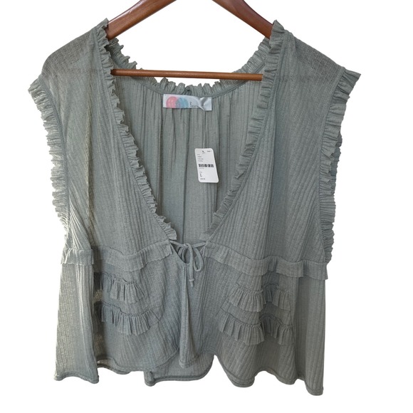 FP Beach Tops - FP Beach Knit Ruffle Tie Front Sleeveless Top Sage Green Size L